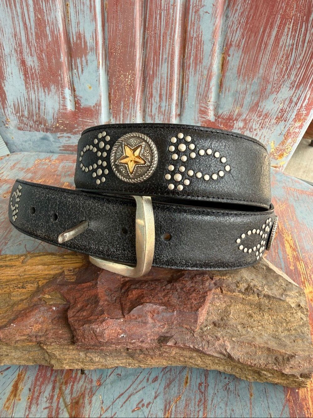 Vintage Roper Black Leather Western Belt Studded Gold Star Concho Size 30/32